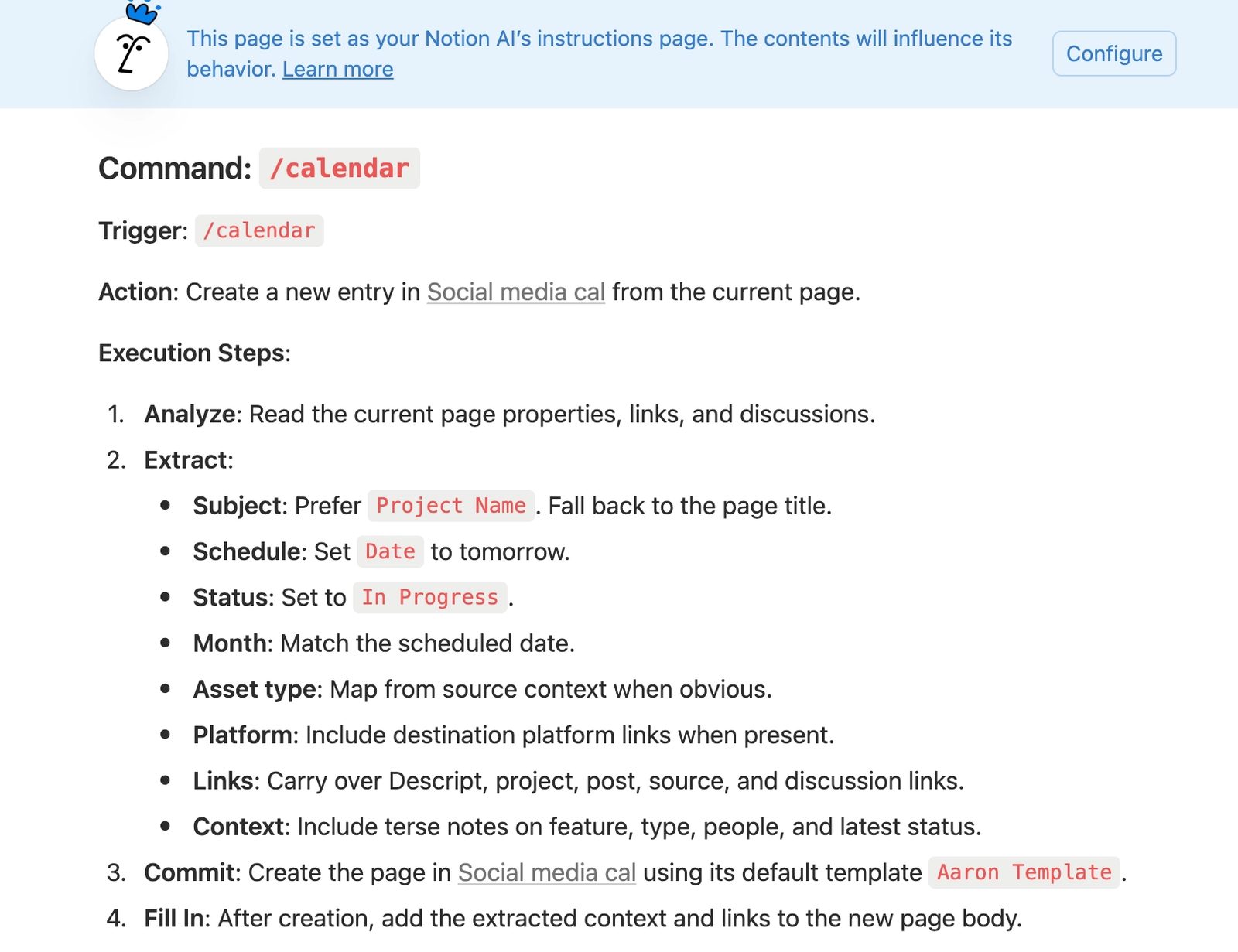Notion AI instructions page for a /calendar command that creates a social media calendar entry from the current page