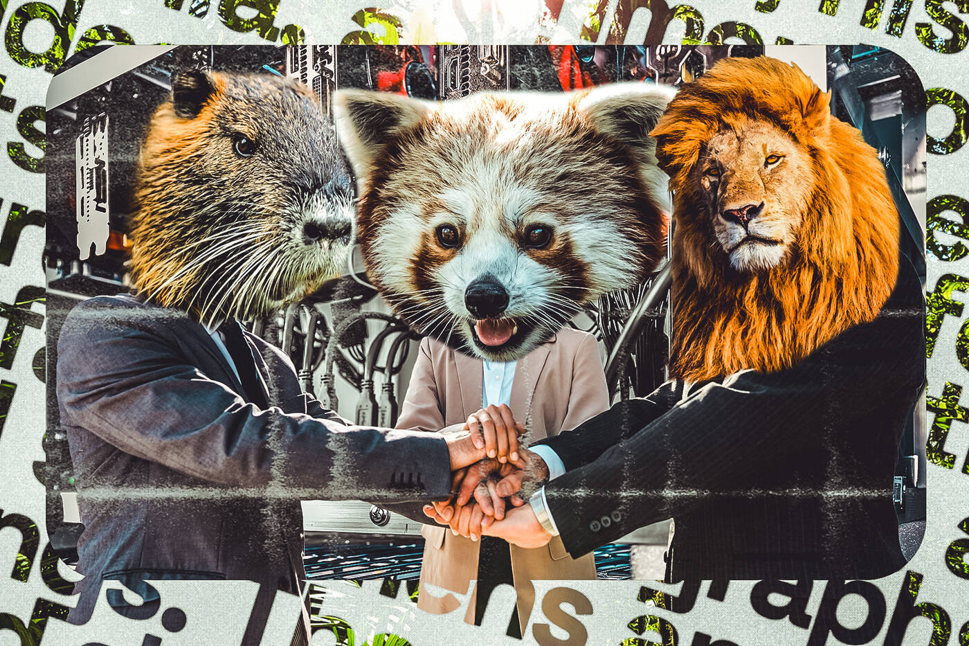 Three people in suits with a beaver, a red panda, and a lion for heads stack their hands together in front of a wall of computer hardware