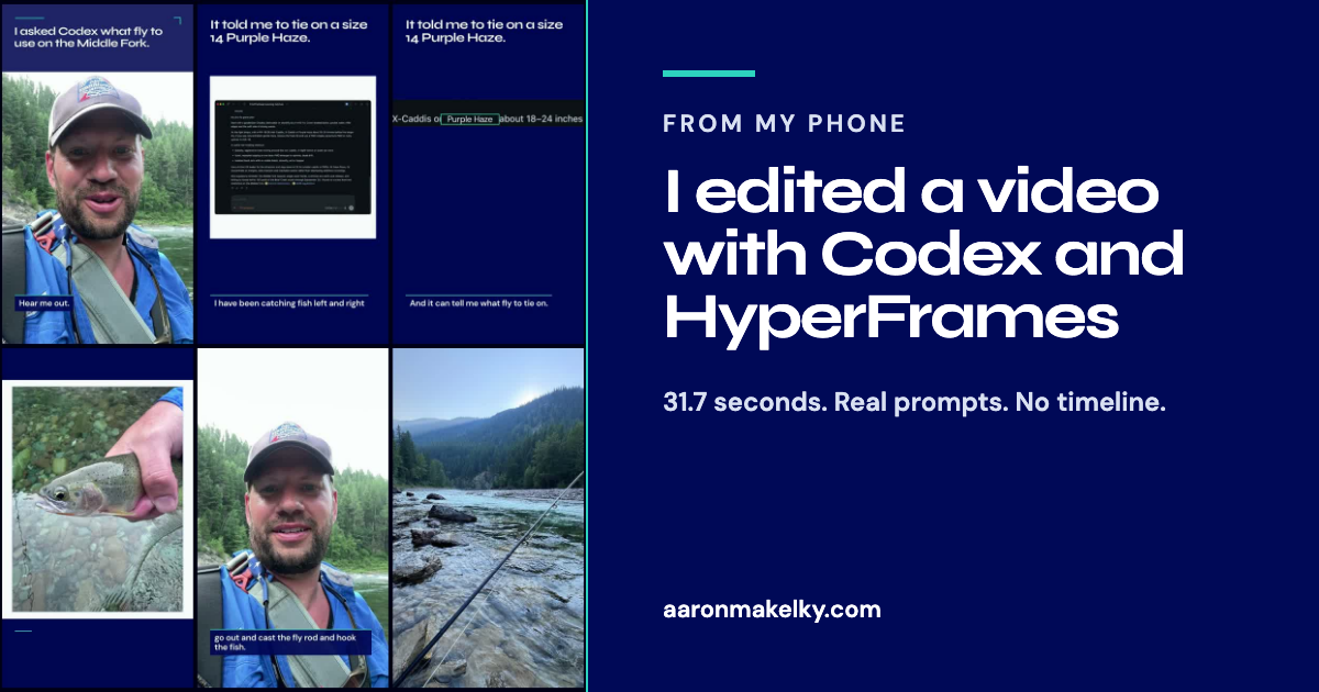 Six frames from Aaron Makelky's Codex and HyperFrames fly-fishing video.